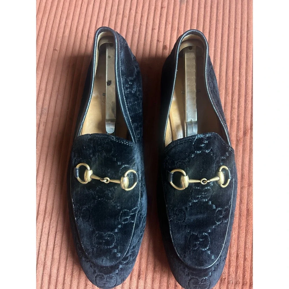 Gucci Jordaan Horsebit Loafers Black GG Monogram Velvet 430088 Mens 8